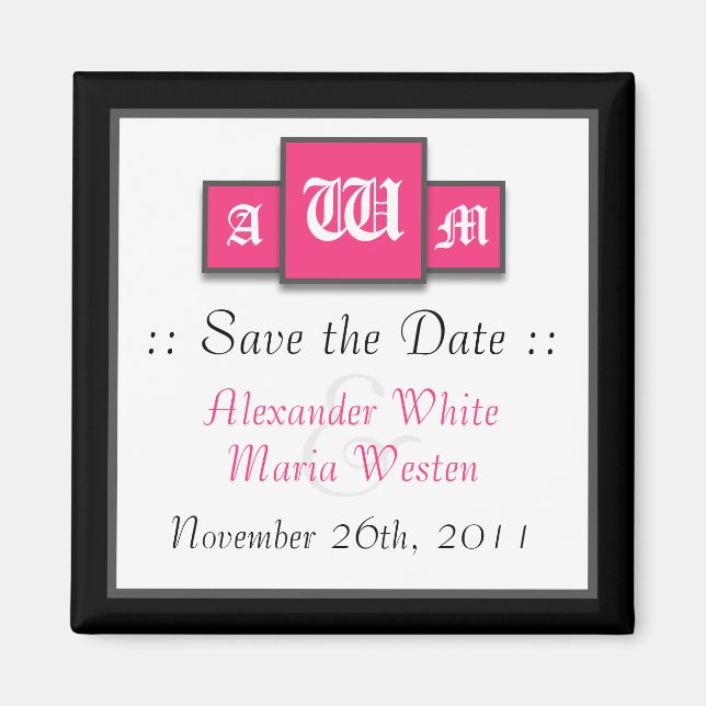 Tri-Monogram Fuchsia Modern Save the Date Magnete Magnet (Vorne)