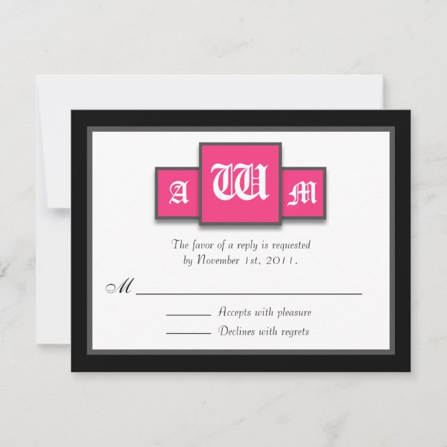 Tri-Monogram Fuchsia Moderne Antwort / RSVP Karten (Vorderseite)