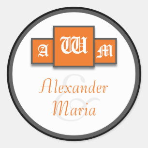 Tri-Monogram Orange Moderne Hochzeitskleber/Siegel Runder Aufkleber