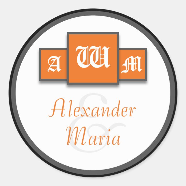 Tri-Monogram Orange Moderne Hochzeitskleber/Siegel Runder Aufkleber (Vorderseite)