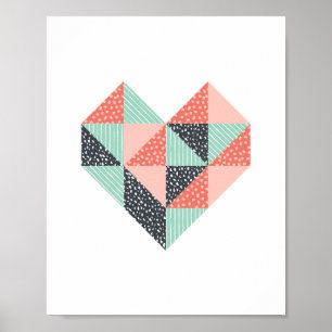 Triangle Heart Mint Coral und Black Poster