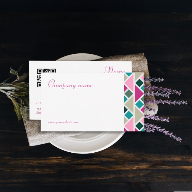Triangle turquoise fuchsia QR Business Card Visitenkarte (Modern minimalist abstract geometric business card  with fuchsia and turquoise color scheme.)