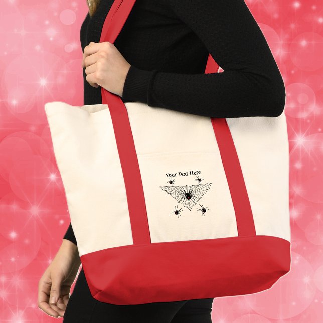 Triangle Web Red Marked Black Widow Spinnen Tragetasche (Black widow spiders with classic red hourglass in black triangle shaped web on Halloween tote bag.)