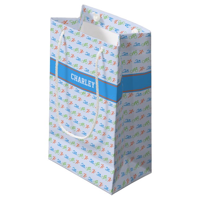 Triathlon-Muster-individuelle Name Kleine Geschenktüte (Vorderseite Schrägansicht)