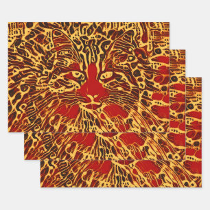 Tribal Abstrakt Tabby Cat Red Yellow Hippie Art Geschenkpapier Set