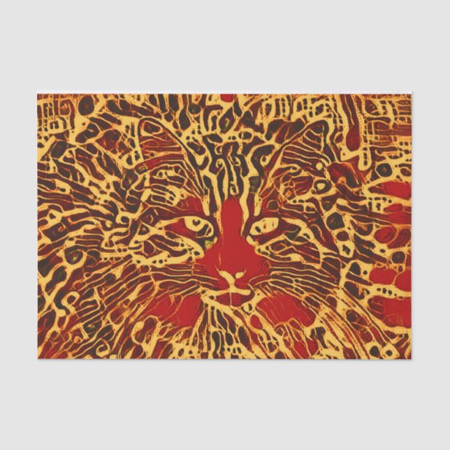 Tribal Abstrakt Tabby Cat Red Yellow Hippie Art Seidenpapier (Vorderseite)