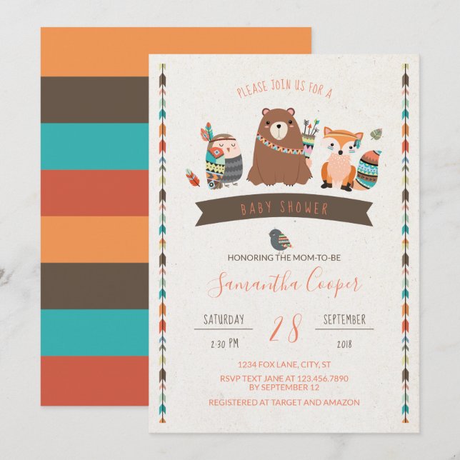 Tribal Animal Characters Baby Shower Einladung (Vorne/Hinten)