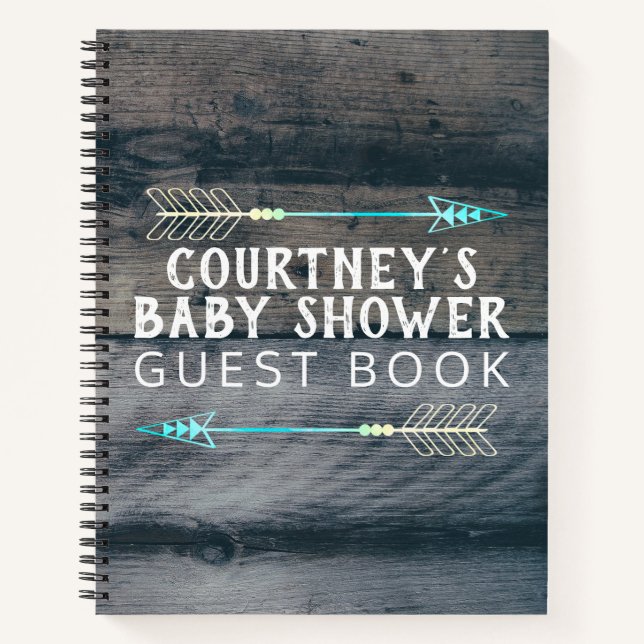 Tribal Arrow Baby Shower Guest Book Rustic Wood Notizbuch (Vorderseite)