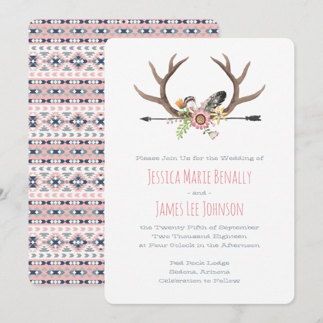 Tribal Arrow und Antlers Pink Einladung (Vorne/Hinten)
