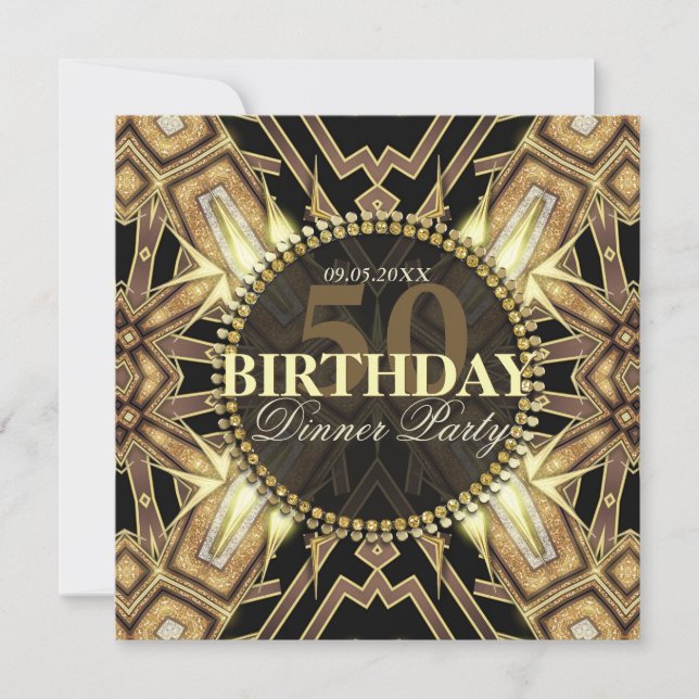 Tribal Art Deco Gold Glow 50. Geburtstag Einladung (Vorderseite)
