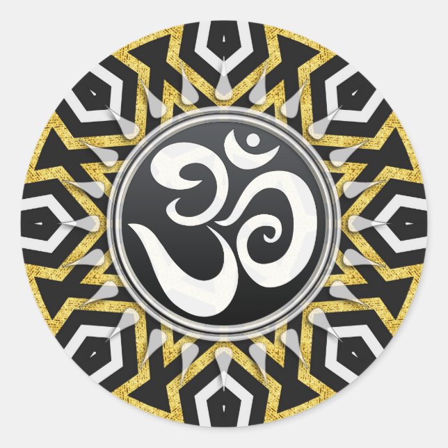 Tribal Aztec Gold Sun Black+White Om Aufkleber (Vorderseite)