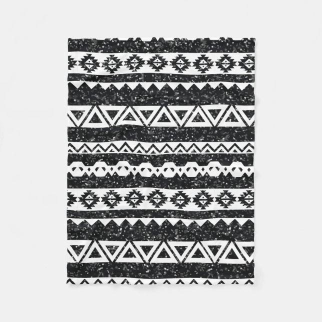 Tribal Aztec Schwarzer Glitzer Weiße geometrische  Fleecedecke (Vorderseite)