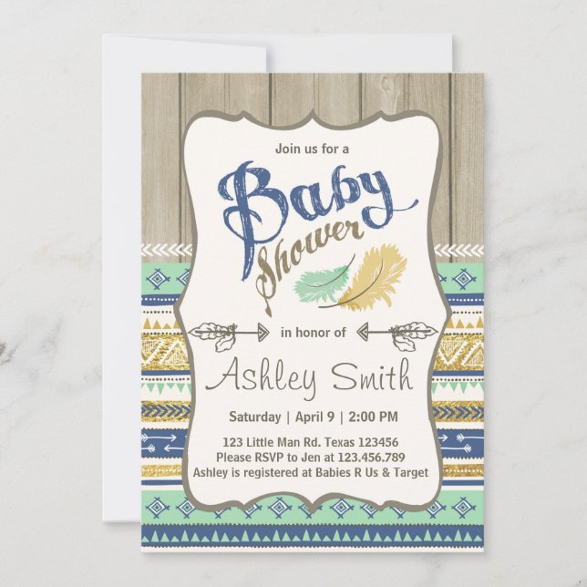 Tribal Baby Dusche Rustic Baby Dusche Blue Gold Einladung (Vorderseite)