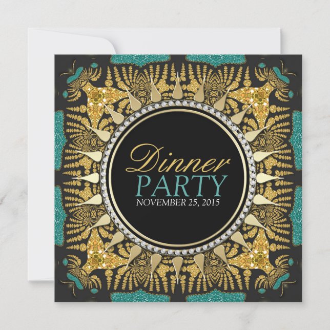 Tribal Batik Aquamarin Gold Black Dinner Party Einladung (Vorderseite)