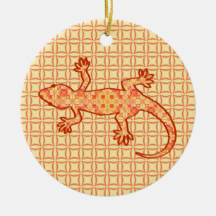 Tribal Batik Gecko - Korallen und hellorange Keramik Ornament