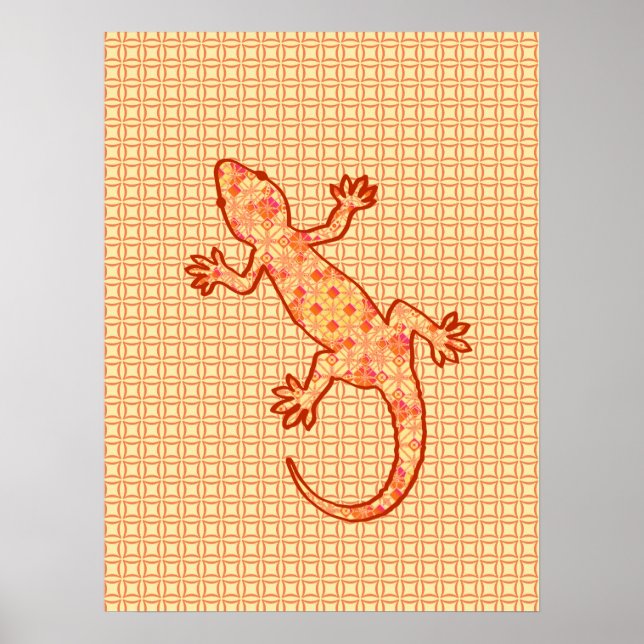 Tribal Batik Gecko - Korallen und hellorange Poster (Vorne)