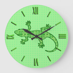 Tribal batik Gecko - lime and emerald green Große Wanduhr