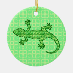 Tribal batik Gecko - Limon und smaragdgrün Keramik Ornament
