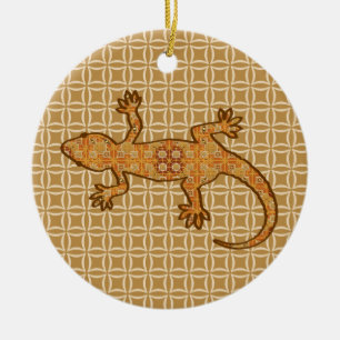 Tribal Batik Gecko - Rost, Bernstein und Bein Keramik Ornament