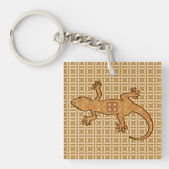 Tribal Batik Gecko - Rost, Bernstein und Bein Schlüsselanhänger (Vorderseite)