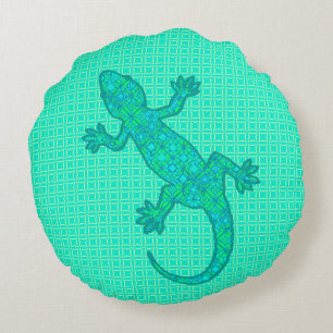 Tribal batik Gecko - Türkis / Pfau Rundes Kissen