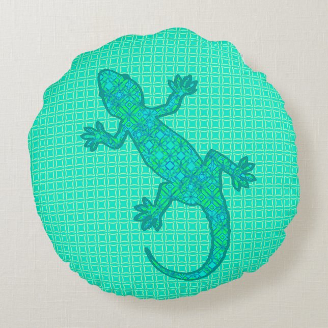 Tribal batik Gecko - Türkis / Pfau Rundes Kissen (Rückseite)