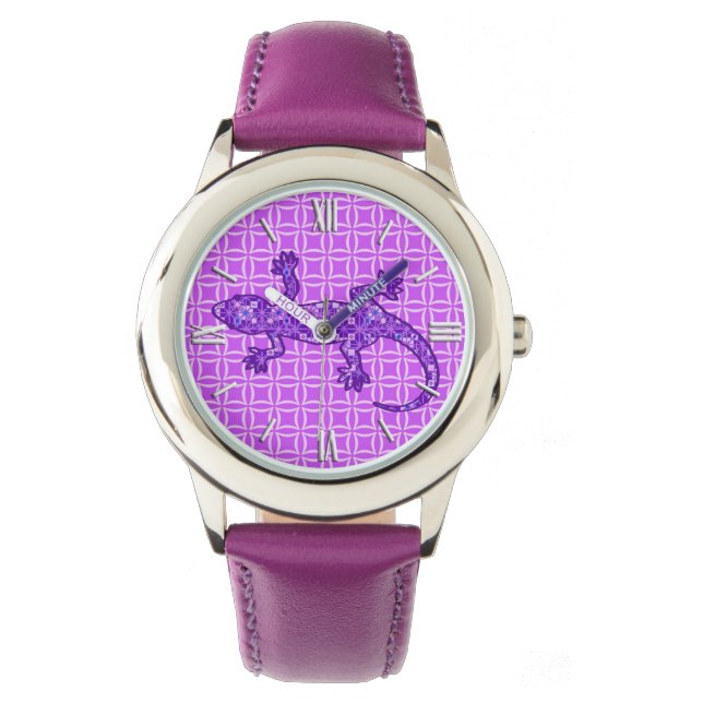 Tribal batik Gecko - Violett und Amethyst lila Armbanduhr (Vorderseite)