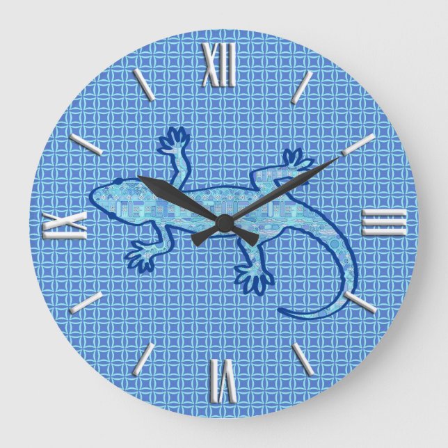 Tribal batik Gecko - Weiches denim blau Große Wanduhr (Vorderseite)