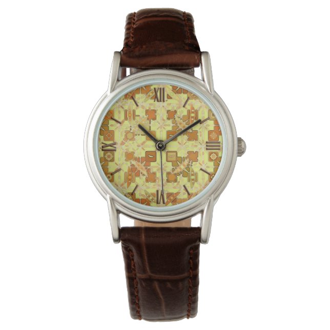 Tribal Batik - goldgelb, braun und braun Armbanduhr (Vorderseite)