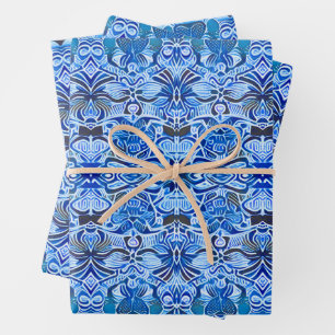 Tribal Batik Muster in Indigo Blau und Weiß Geschenkpapier Set