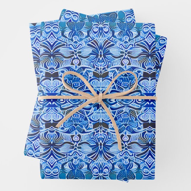 Tribal Batik Muster in Indigo Blau und Weiß Geschenkpapier Set (Beispiel)