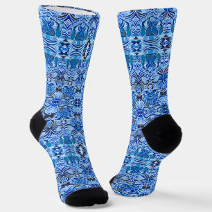Tribal Batik Muster in Indigo Blau und Weiß Socken