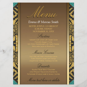 Tribal Batik Style Gold Black Aquamarin Wedding Me Menükarte