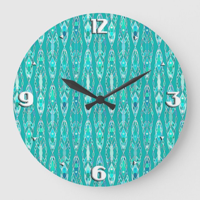 Tribal Batik - Türkis und Aquamarine Große Wanduhr (Vorderseite)