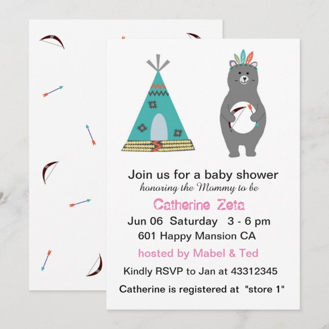 Tribal Bear Baby Showcard Einladung (Vorne/Hinten)