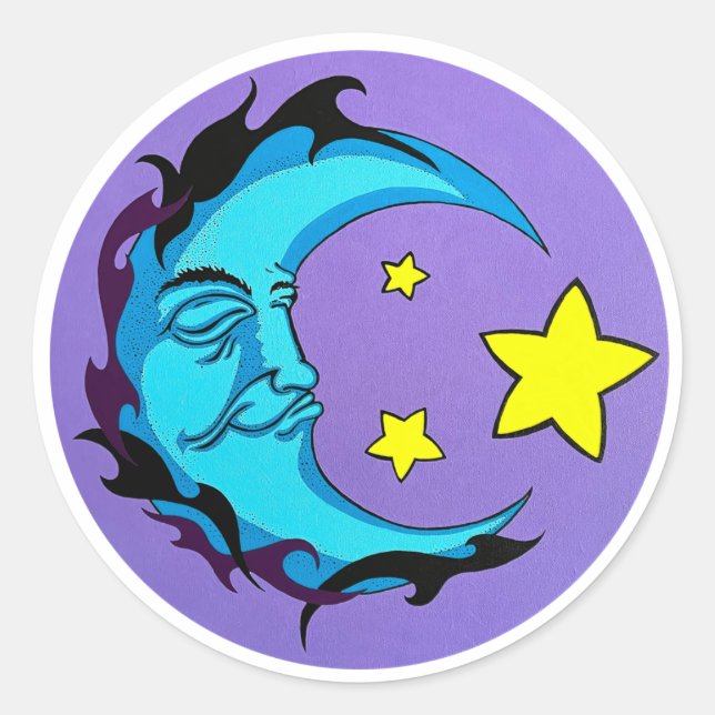 Tribal Blauer Mond mit drei gelben Sternen Runder Aufkleber (Vorderseite)