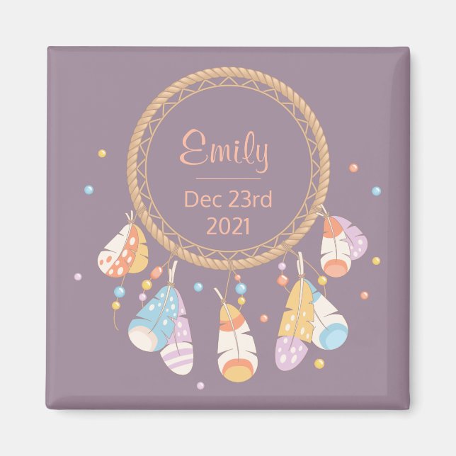 Tribal Boho Dreamcatcher New Baby Keepake Lila Magnet (Vorne)