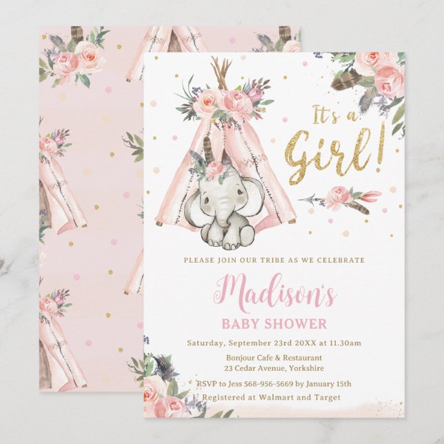 Tribal Boho Elephant Pink Girl Baby Dusche Einladung (Vorne/Hinten)