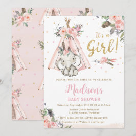 Tribal Boho Elephant Pink Girl Baby Dusche Einladung