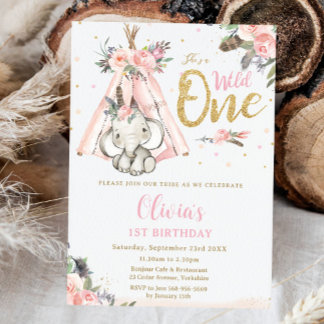 Tribal Boho Elephant Pink Wild 1 1. Geburtstag Einladung