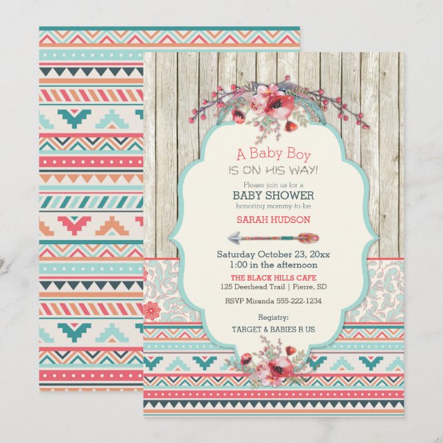 Tribal Boho Rustikale Chic Wood Blume Arrow Einladung (Vorne/Hinten)