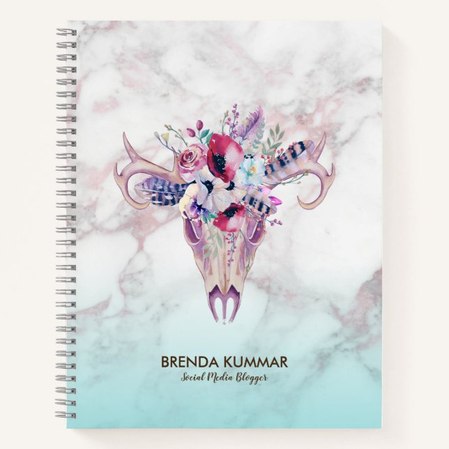 Tribal Boho Skull & Rose gold Imitate Marble Ombre Notizbuch (Vorderseite)
