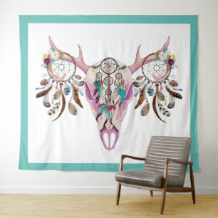 Tribal Bull Schädel & bunte Federn Träumer Wandteppich