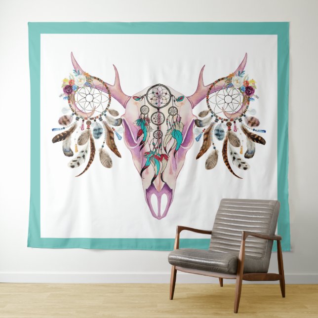 Tribal Bull Schädel & bunte Federn Träumer Wandteppich (Beispiel (Horizontal))