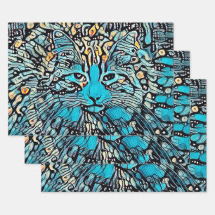 Tribal Cat Blue Yellow Mosaik Abstrakte Decoupage Geschenkpapier Set