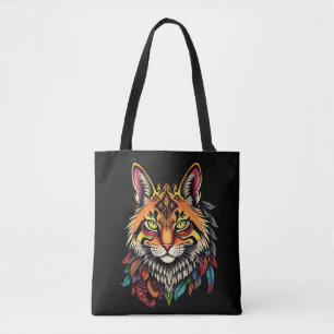 Tribal Cat Head Graphic T-Shirt mit Feather Detail Tasche