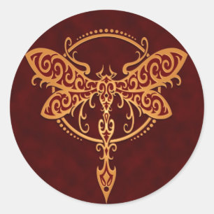 Tribal Dragonfly, Golden Red Runder Aufkleber