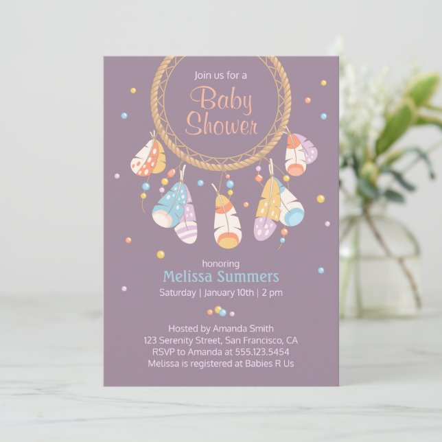Tribal Dreamcatcher Boho Lila Baby Shower Einladung (Stehend Vorderseite)