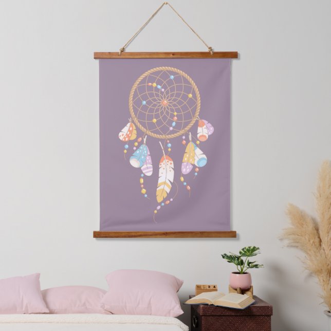 Tribal Dreamcatcher Boho Lila Wandteppich Mit Holzrahmen (Schlafzimmer)
