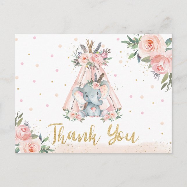 Tribal Elephant Birthday Baby Dusche Vielen Dank Postkarte (Vorderseite)